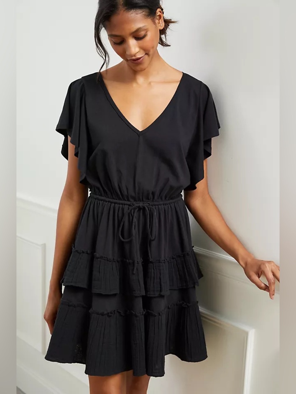 Daily Practice Anthropologie Tiered Ruffle Mini Dress Black Size S
